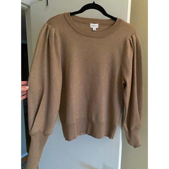 EVEREVE Lexi Lurex Balloon Sleeve Pullover Gold Crewneck Sweater Women Large EUC - Picture 1 of 12